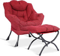 MEETWARM Modern Cotton Fabric Lazy Chair with Ottoman Accent Contemporary Lounge Chair Upholstered Single Leisure Sofa with a Side Pocket Armrests and Thick Padded Back for Living Room(Red)