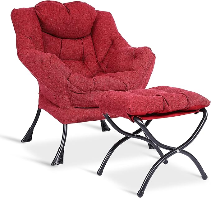 MEETWARM Modern Cotton Fabric Lazy Chair with Ottoman Accent Contemporary Lounge Chair Upholstered Single Leisure Sofa with a Side Pocket Armrests and Thick Padded Back for Living Room(Red)