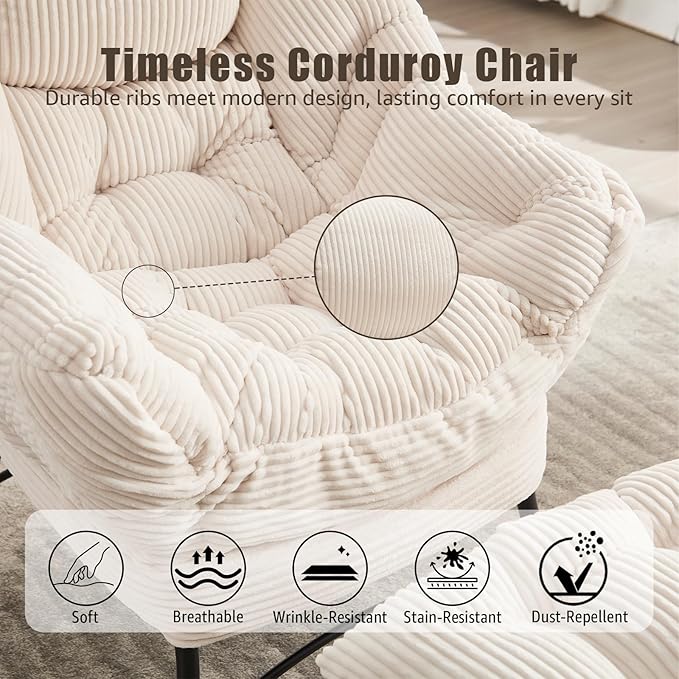 Oversized Lazy Chair with Ottoman for Adults Chair and Ottoman Set Modern Skinny Lounge Chair with Footrest Wide Reading Chair for Living Room Comfy Accent Armchair for Small Spaces White