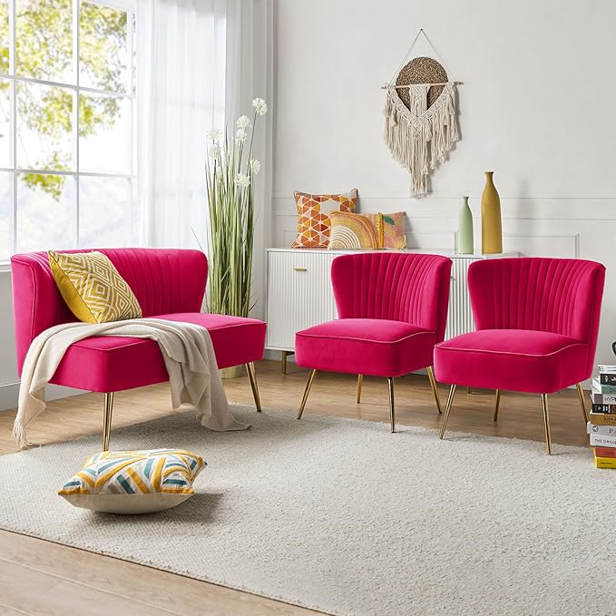 HULALA HOME 3 Piece Velvet Living Room Furniture Set Modern Comfy Upholstered Chair Set with Golden Legs include Loveseat &amp 2 Accent Chairs for Bedroom FUCHSIA Tufted 2-Seater Sofa &amp Armles