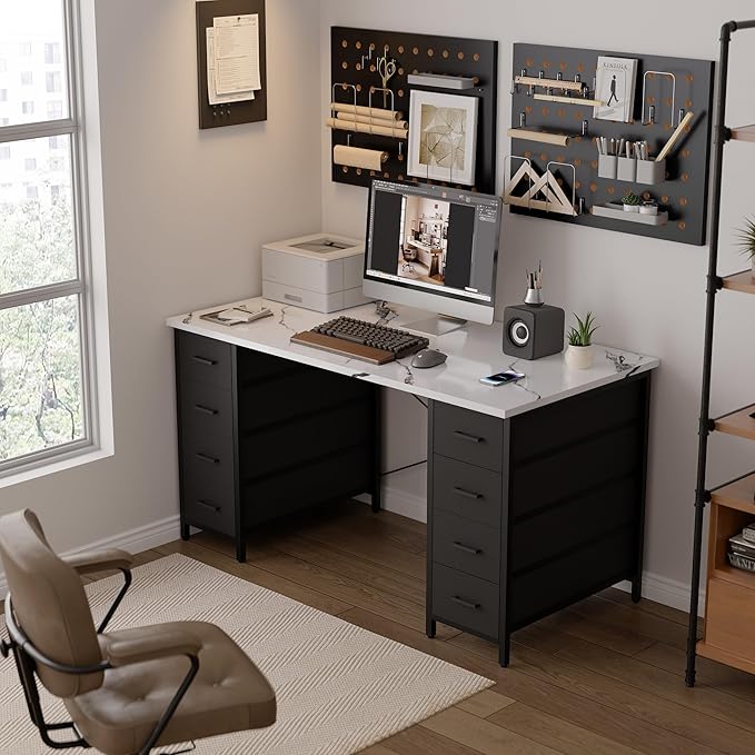 Pamray 47 Inch Computer Desk with 8 Fabric Drawers PC Gaming Desk Home Office Study Work Writing Table for Bedroom Marble
