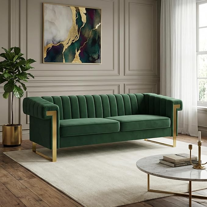 Luxury Velvet 3-Seater Sofa Mid-Century Modern Couch with Gold Metal Legs Waterfall Stitched Back Removable Cushions for Living Room Durable &amp Comfortable (Green)
