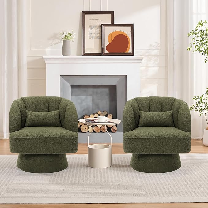 Mid Century Modern Swivel Barrel Chair - 360° Swivel Accent Chair with Plush Teddy Fleece Upholstery &amp Wide Cushioned Seat Round Lounge Sofa Chair for Living Room Bedroom Office (Green 2 PCS)