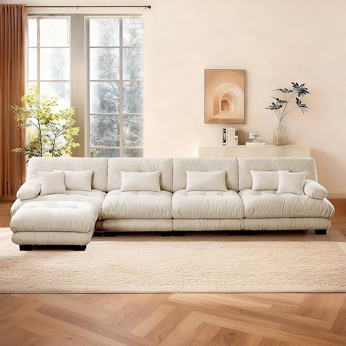 Chenille Sectional Couch-173.3 Inch Oversized 4-Seater Cloud Sofa with Ottoman and Pillow High-Density Sponge Filling Lounge Couches for Living RoomApartment(Light Coffee)