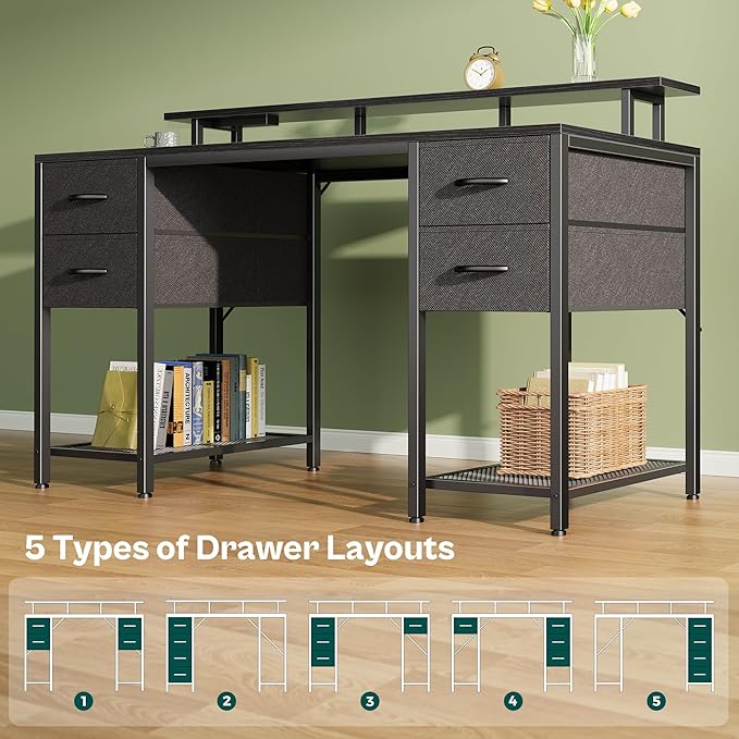 Huuger 55 inch Computer Desk with 4 Drawers Gaming Desk with LED Lights &amp Power Outlets Home Office Desk with Large Storage Space for Bedroom Work from Home Black