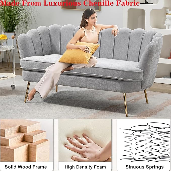 Modern Chenille Loveseat CouchFuton Small Sofa with Gold Metal Legs 2-Seater Upholstered Mini Sofa Couches for Small SpaceLiving Room Bedroom Office Dorm Studio Apartment Love Seat Couche(Grey)