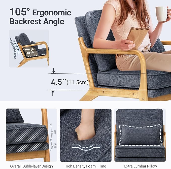 COLAMY Mid Century Modern Accent Chair with Lumbar Pillow Relaxing Armchair with Solid Wood Frame &amp Soft Cushion Reading Leisure Chair for Living RoomBedroomWaiting Room（Blue）