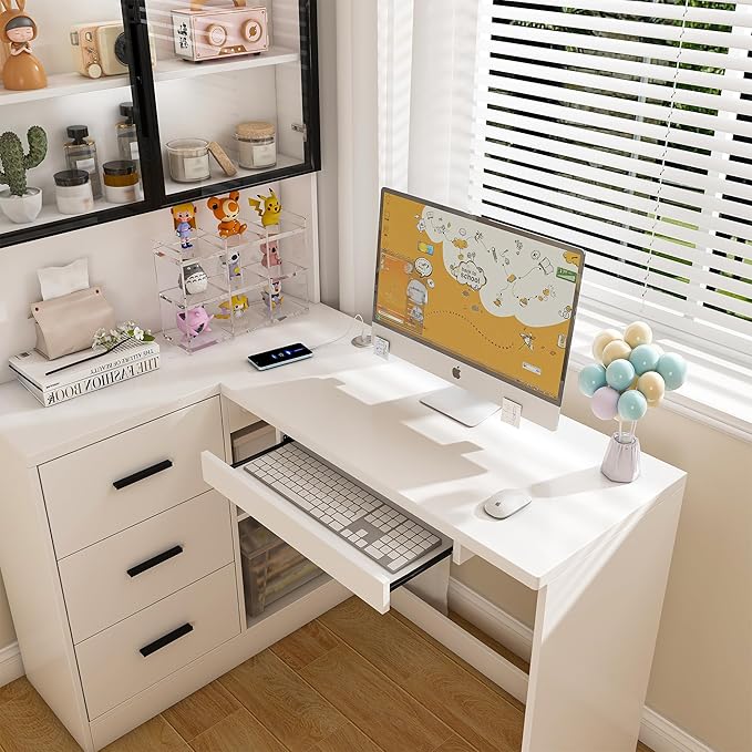 Montary Corner L-Shaped Computer Desk with Glass Display Cabinets &amp Built-in LED Lights - Office Desk with USB Charging Ports Keyboard TrayCompact and Functional DesignWhite