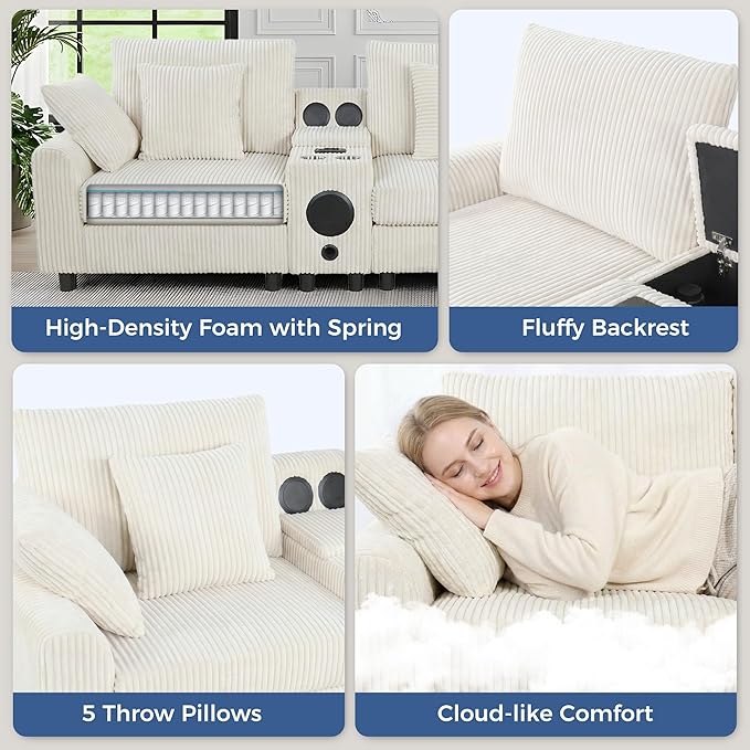 114 Corduroy L-Shaped Sectional Sofa w/Speakers &amp USB Charging Comfy Reclining Deep Seat Couch w/Ottoman Cup Holders for Living Room Home Theater (Beige 114in)