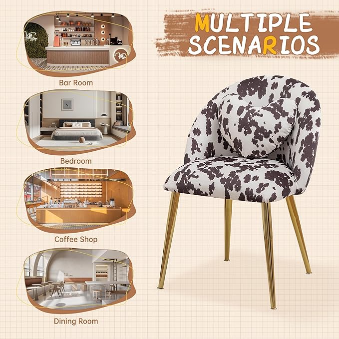 Vanity ChairAccent Makeup Comfy Cute Desk Girls Fluffy Chairs for Bedroom No Wheels Gold Metal Legs Stool (Cow Velvet)