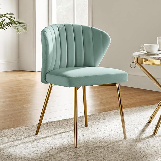 HULALA HOME Velvet Dining Chairs Modern Small Armless Accent Chair with Gold Metal Legs Living Room Upholstered Cute Side Chair Elegant Tufted Back Vanity Chair for Bedroom/Beauty Room-SAGE