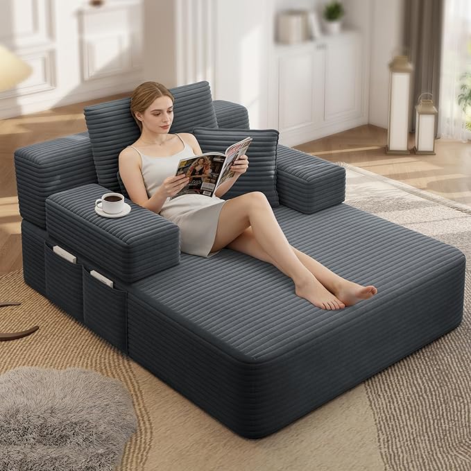 70W Oversized Chaise Lounge Chair Indoor with Adjustable Backrest &amp Storage 2 in 1 Convertible Sleeper Sofa Bed Compression Foam Boneless Couch for Living Room Bedroom Plush Corduroy Dark Grey