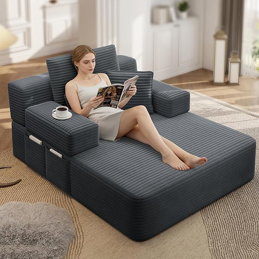 70W Oversized Chaise Lounge Chair Indoor with Adjustable Backrest &amp Storage 2 in 1 Convertible Sleeper Sofa Bed Compression Foam Boneless Couch for Living Room Bedroom Plush Corduroy Dark Grey