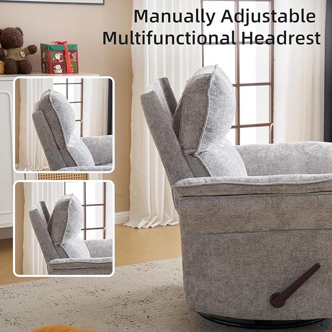 Oversized Glider Rocker Recliner 26 Extra Wide 360° Swivel Nursery Recliner with Adjustable Headrest Chenille Rocking Nursery Chair with Overstuffed Armrest Lumbar Support Light Grey