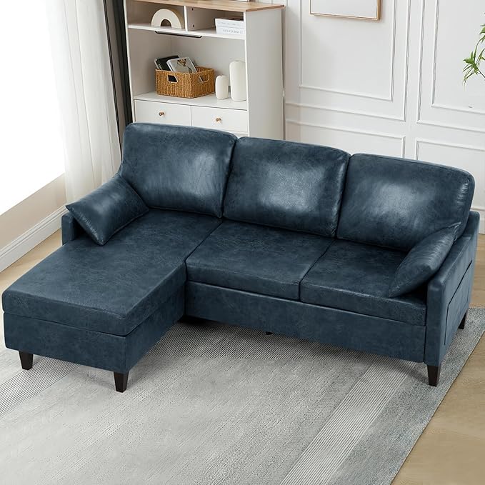 76 Sectional Sofa Couch w/Reversible Chaise Suede Leather L Shaped Sofa w/USB Charger Ports &amp Storage Bag Convertible Modern Couch w/Storage Space for Living Room Small Space Blue