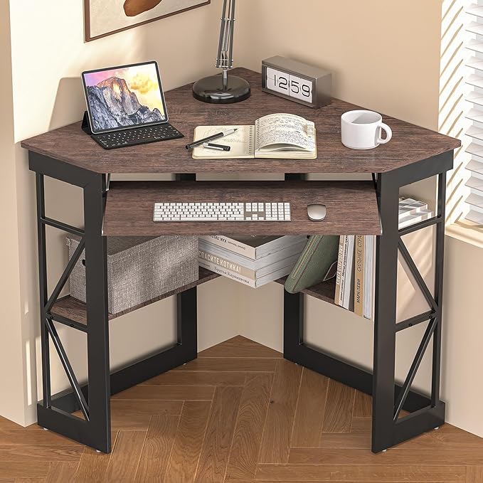 VECELO Corner Desk Computer Desk Writing Table with Smooth Keyboard Tray &amp Storage ShelvesCompact Home Office Triangle TableRustic Brown