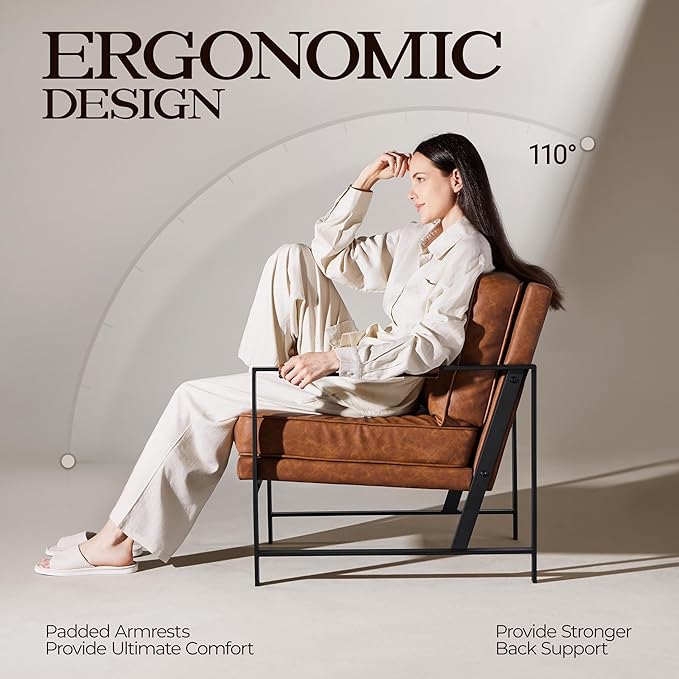Yaheetech PU Leather Armchairs Retro Leisure Accent Chair with Extra Soft Padded and Cushion 105 Degree Slant Back Modern Reading Arm Chair for Living Room/Office/Bedroom/Study 2pcs Light Brown