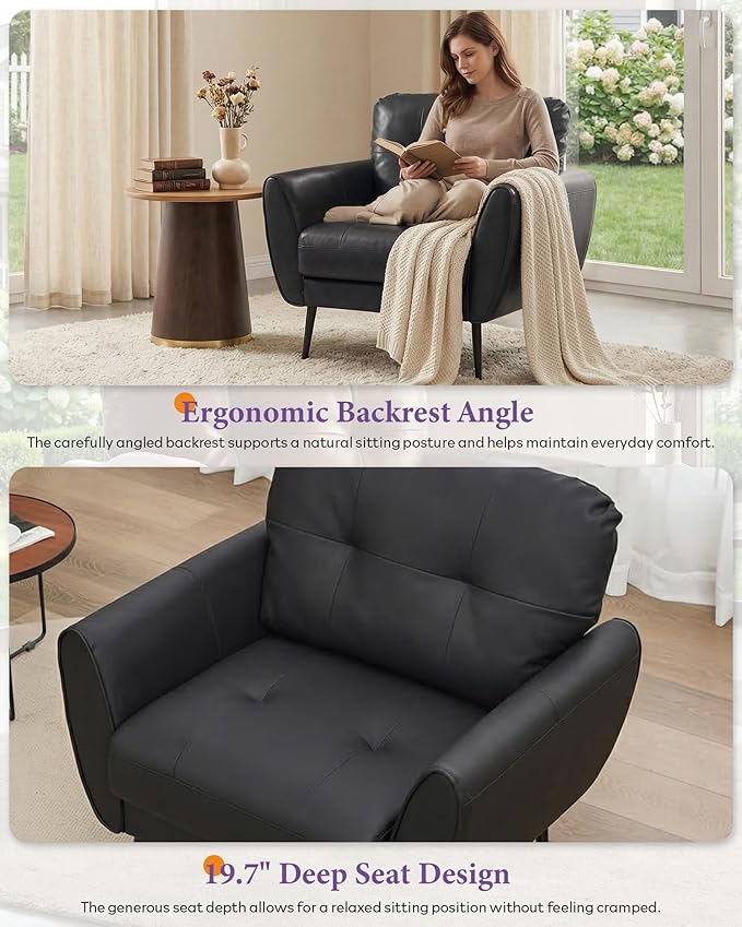 TYBOATLE Accent Chair Comfy Modern Living Room Chair Black Leather Reading Accent Chairs Tufted Mid Century Moden Arm Chair Small Salon Chair for Office Bedroom (1 Black)