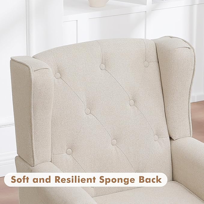 Accent Chair for Living Room Mid Century Modern Upholstered Armchair Wingback Chair with Tufted High Back and Solid Legs Comfy Single Sofa Side Chairs for Bedroom Khaki