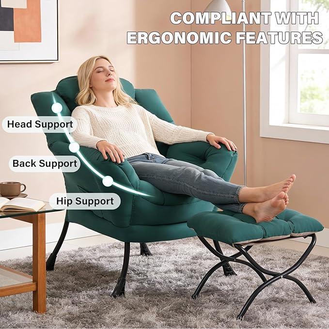 Lazy Chair with Folding Ottoman Modern Accent Armchair with Armrests and a Side Pocket &amp Foldable Footstool Reading Chair for Living Room Bedroom Dorm &amp Office Dark Green