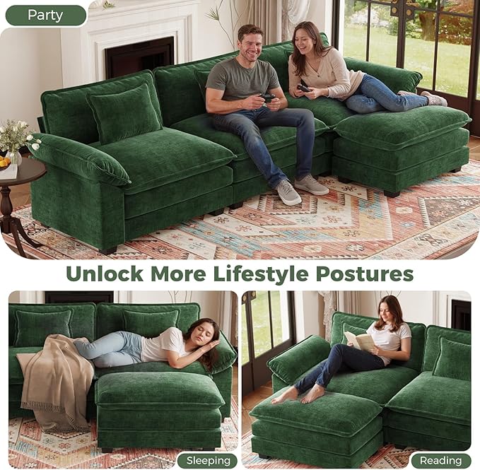HUSFU 120 Cloud Couch Modular Sectional Sofa with Ottoman 3-Seat Modern Chenille Upholstered U-Shaped Deep Seat Sofa Couch for Living Room Bedroom and Apartment Green