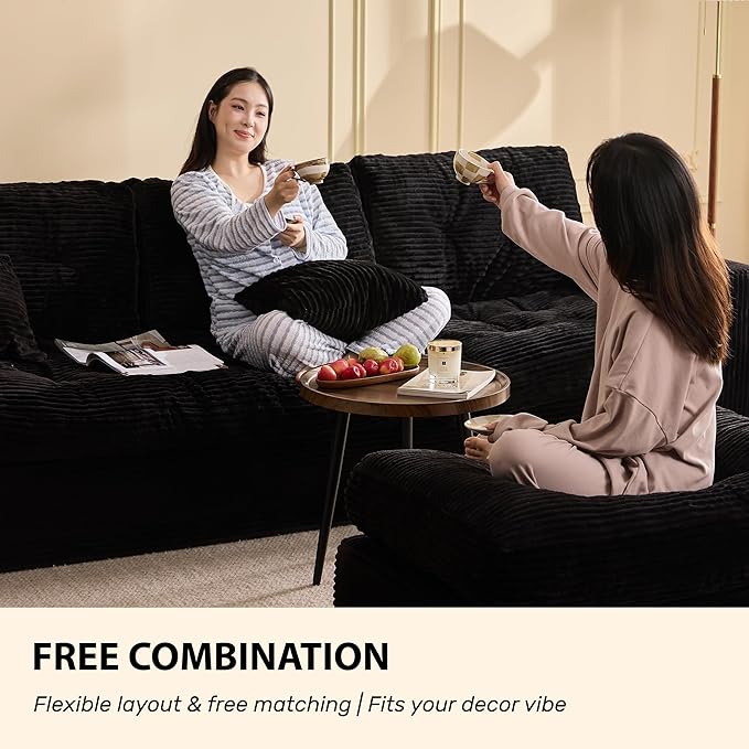 Modular Sectional Sofa 102” L-Shaped Corduroy Couch with Ottoman Deep Seat Comfy Sectional for Living Room Set of Soft Upholstered Cloud Couch for Apartment Black