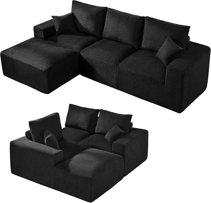 108 Modular Cloud Sectional Sofa 17.8 Comfort Height &amp Neck Pillow Modern Corduroy Couch with L-Shape Oversized Chaise for Living Room Bedroom No Assembly Required (Black)