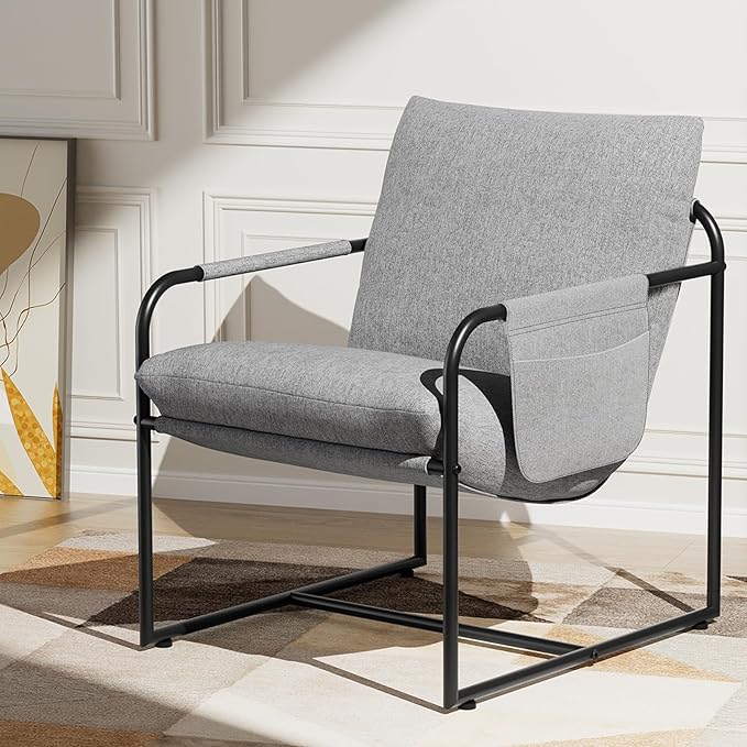 HOMMPA Sling Accent Chair Steel Arm Chair Living Room Chair with Side Storage Pocket Reading Accent Chair Mid Century Modern Bedroom Chair Metal Frame &amp Linen Fabric Cover