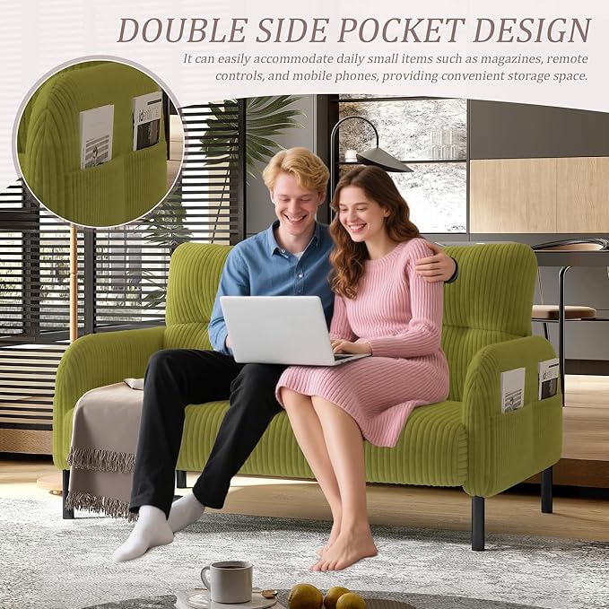 Small Couch Mid Century Modern Loveseat for Small Spaces 2 Seat Corduroy Couches with Side Pockets for Bedroom Living Room Office (Olive Green)
