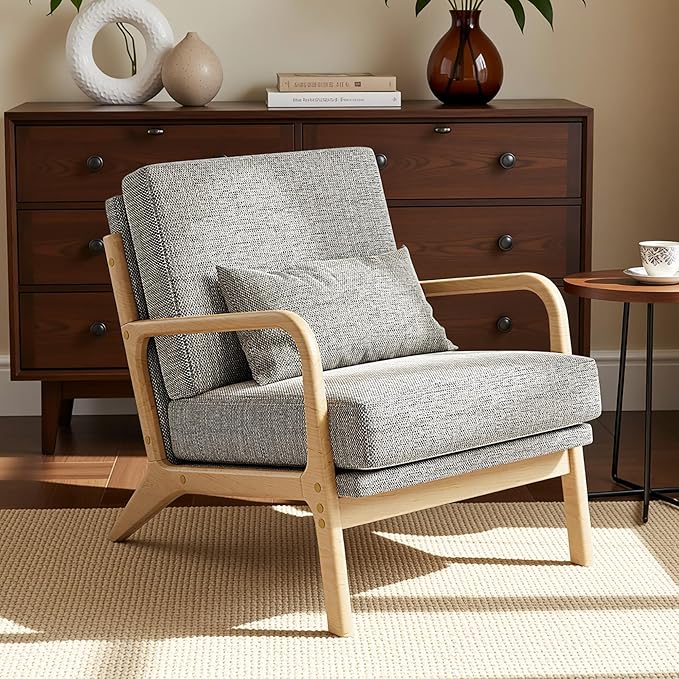 Claiks Mid-Century Modern Accent Chair Living Room Armchair with Solid Wood Frame &amp Lumbar Pillow Comfy Upholstered Lounge Chair for Bedroom Office Linen-Like Fabric Dark Gray