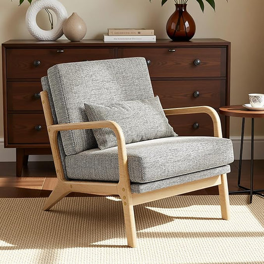 Claiks Mid-Century Modern Accent Chair Living Room Armchair with Solid Wood Frame &amp Lumbar Pillow Comfy Upholstered Lounge Chair for Bedroom Office Linen-Like Fabric Dark Gray