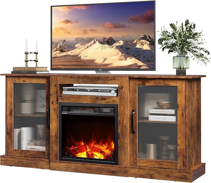 WLIVE Fireplace TV Stand for 65 TV Entertainment Center with 3D Realistic Flame Electric Fireplace TV Console with Open Shelves for Living Room Rustic Brown