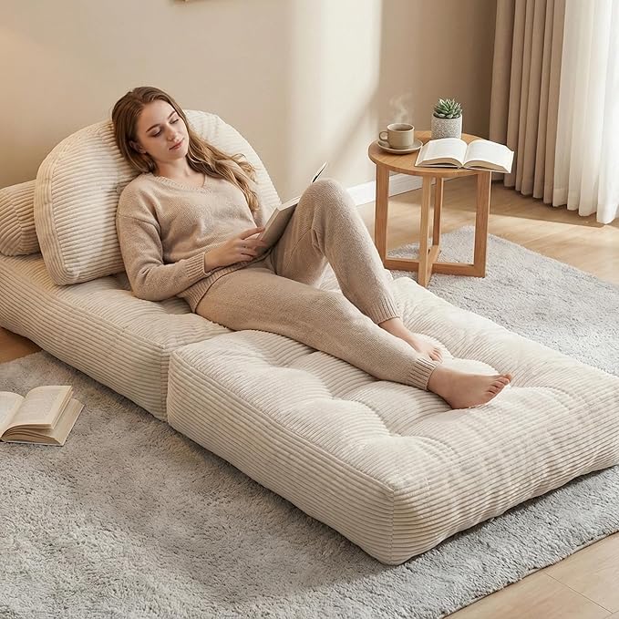 Folding Sofa Bed Convertible Sleeper Chair with Pillow Foldable Mattress with Back Support Portable Fold Out Chair Bed Comfy Floor Sofa Lounge for Living Room Bedroom (Beige)