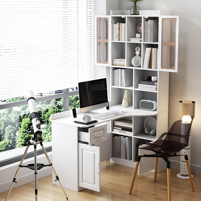 L-Shaped Corner Computer Desk for Home Office 52'' Writing Study Desk with Drawer &amp Bookshelf &amp Hutch Corner Gaming Computer Desks with Storage 2-in-1 L-Shaped Design Left Facing Table Wh