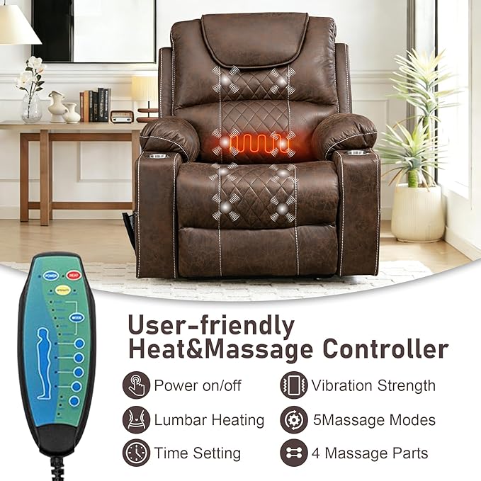 Oversized Power Lift Recliner Chair for Big and Tall 400 LBS 25 Large Electric Recliner Chair with Massage and Heating 180° Lay Flat Zero Gravity Recliner Sofa Leather Coffee Brown