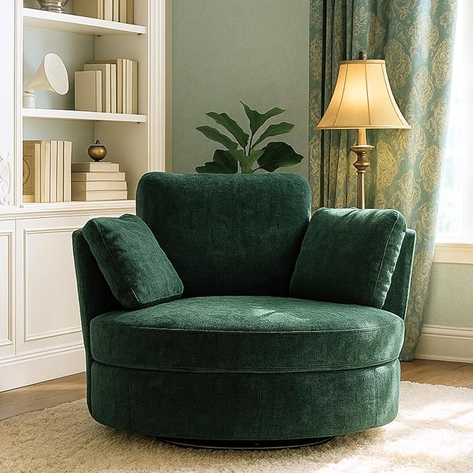 40.6''W Swivel Accent Barrel Chair Chenille Upholstered Round Single Couch Sofa with 3 Pillows for Living Room Apartment Bedroom (Green)