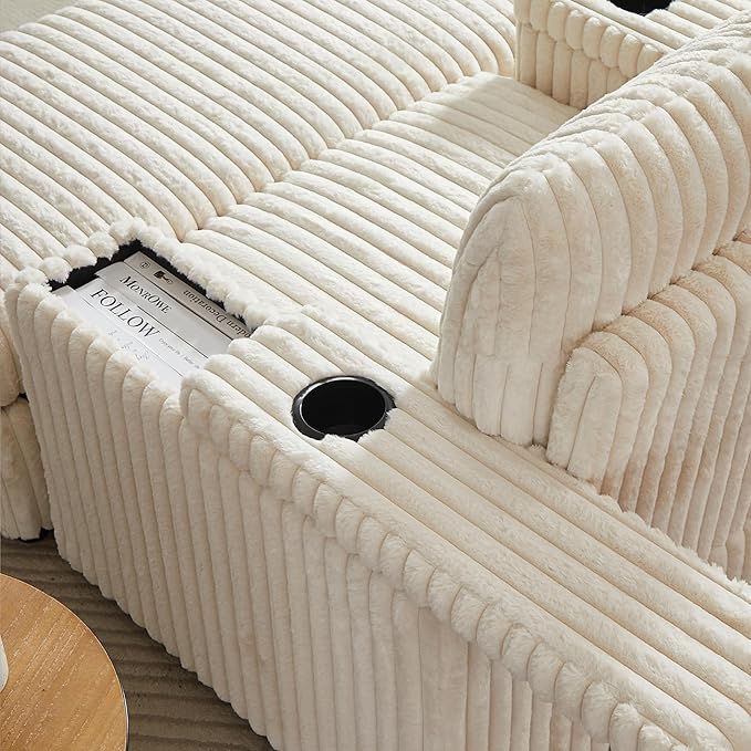 42.5 W Chaise Lounge Chair Indoor Oversized Corduroy Sleeper Chair with Wood Frame Upholstered Sofa Bed with Storage Ottoman &amp Armrest 2 Cupholders for Living Room Movie Room Bedroom