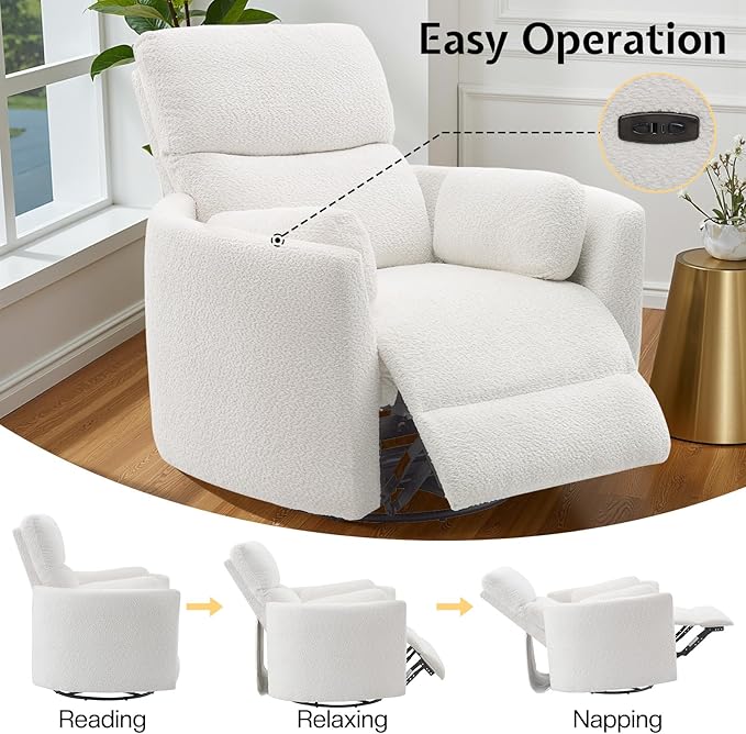 Jocisland Power Recliner Nursery Chair for Adults Electric Swivel Rocking Glider with USB &amp Type-C Charge Teddy Sherpa Armchair with 2 Pillows Cozy Reclining Sofa for Living Room Bedroom Whit