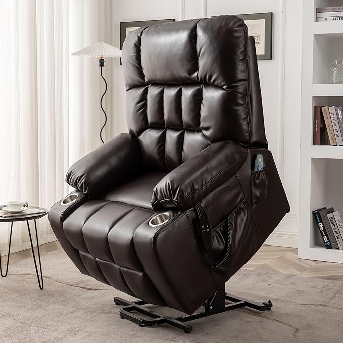 Oversized Power Lift Recliner Chair for Adult Elderly Dual Motor Lay Flat Electric Recliner with Massage &amp Heat 25.5 Wide Seat Big Tall Recliners for Living Room PU Brown