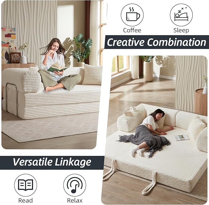 4-in-1 Convertible Folding Sleeper Sofa Bed Plush Corduroy Foldable Mattress Couch with Fixed-Shape Frame Floor Compressed Sofa for Living Room Bedroom (White)