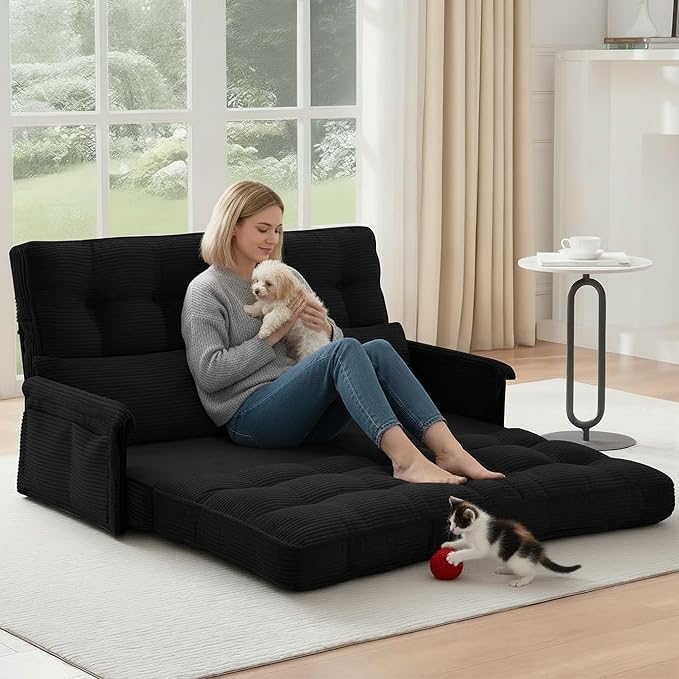 5-Position Adjustable Floor Sofa CouchMulti-Functional Bean Bag BedFoldable Lazy Sofa Sleeper Bed with ArmrestIdeal for Reading and Playing (Black)
