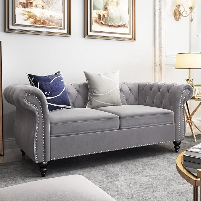 Chesterfield Loveseat Sofa Modern Velvet Small Sofa Couch 2 Seater with Rolled Arms and Nailhead Mid Century Modern Loveseat Couch for Small Spaces Living Room Bedroom Apartment Grey