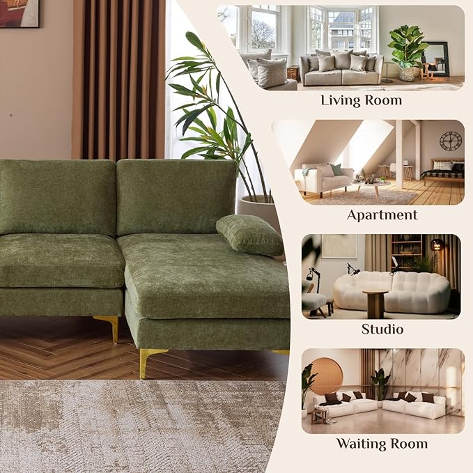 Karl home 110 Sectional Sofa U-Shaped 4-Seat Couch with Chaises Chenille Fabric Upholstered for Living Room Apartment Office Green