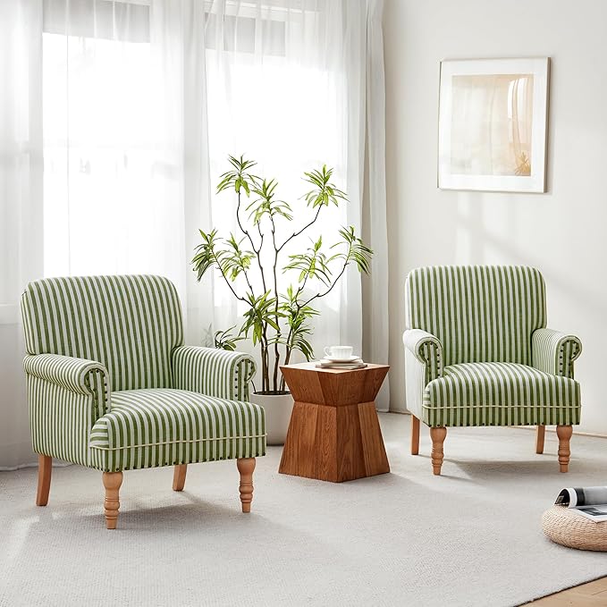 HUIMO Linen Fabric Accent Chair Mid-Century Modern Upholstered Armchair with Solid Wood Legs Comfy Reading Club Chair for Living Room Bedroom (2 Green and White Stripe)