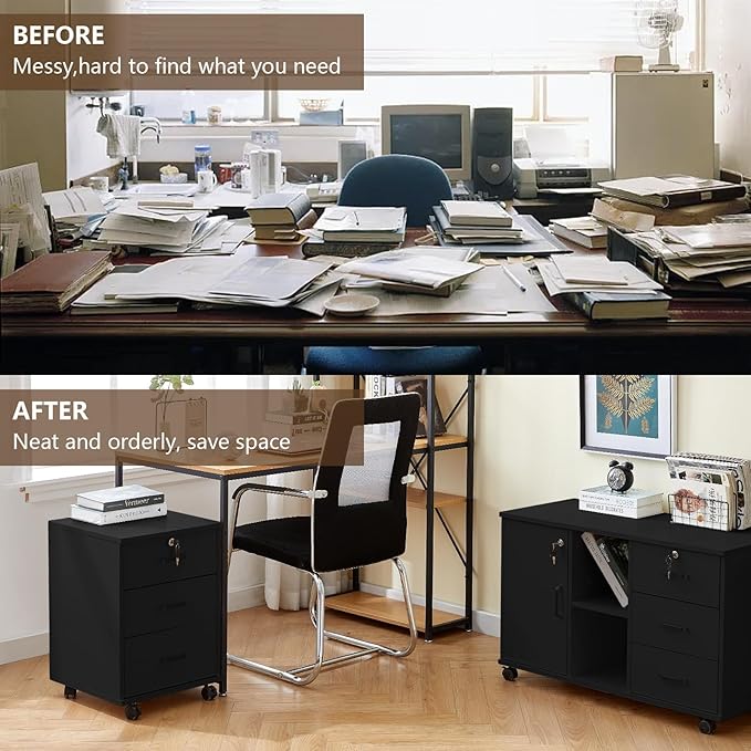 TUKAILAi Mobile File Cabinet with 3 Drawers Lockable Storage Unit Wooden Rolling Office Filing Cabinet with Wheels for Legal/Letter/A4 Sized Documents Home Office (Black 1PCS)