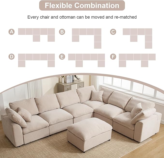 129.3 Oversized Modular Sectional Sofa U Shaped Couch with Movable Ottoman Large 7 Seat Corner Couches for Living Room Spacious Space Beige