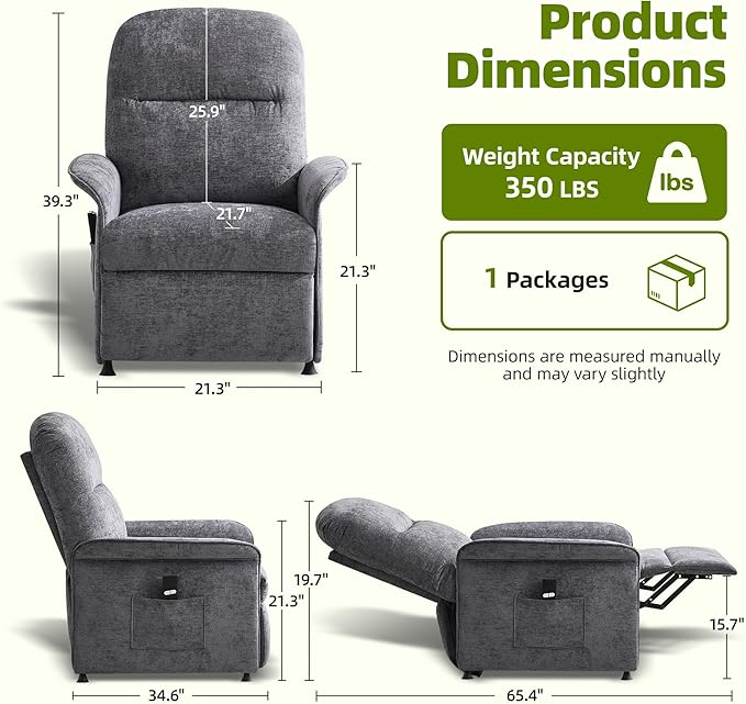 Power Recliner Chair with Remote Control 21 Wide Seat Small Recliners with Side Pocket for Adults Thick Cushions Chair for Living Room &amp Bedroom Light Grey