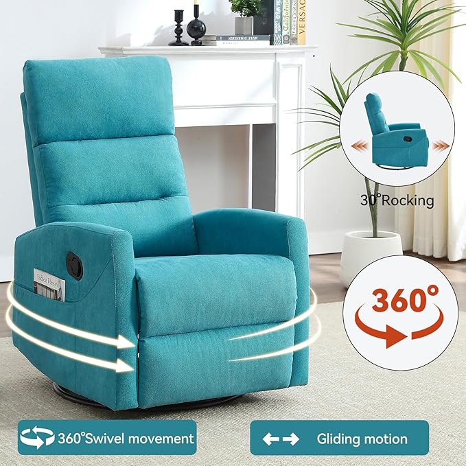 Swivel Rocking Recliner Chair Upholstered Glider Rocker with Adjustable Backrest and Footrest Modern Rocking Chair for Adults with 2 Pockets for Nursery Lounge Bedroom Living Room (Blue)