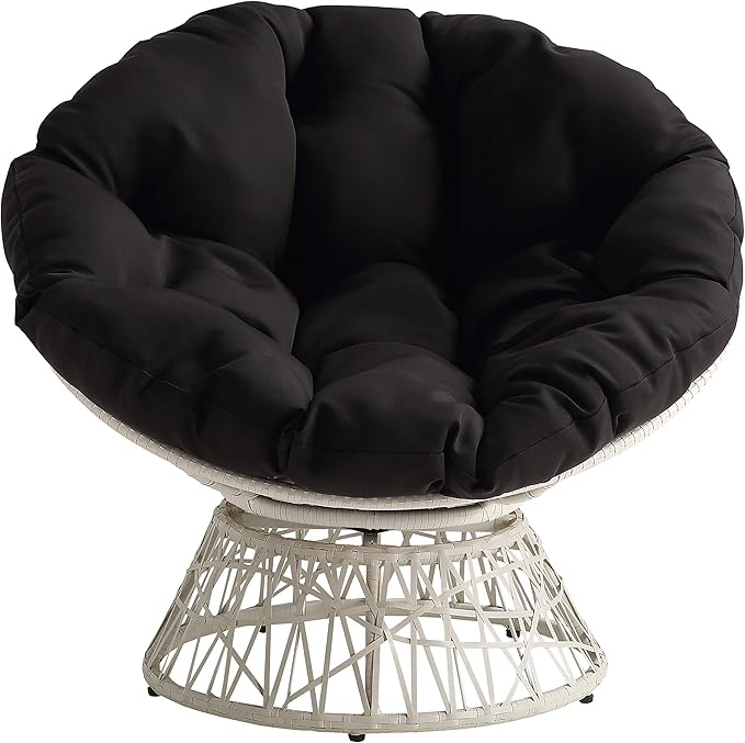 OSP Home Furnishings Wicker Papasan Chair with 360-Degree Swivel Cream Frame with Black Cushion