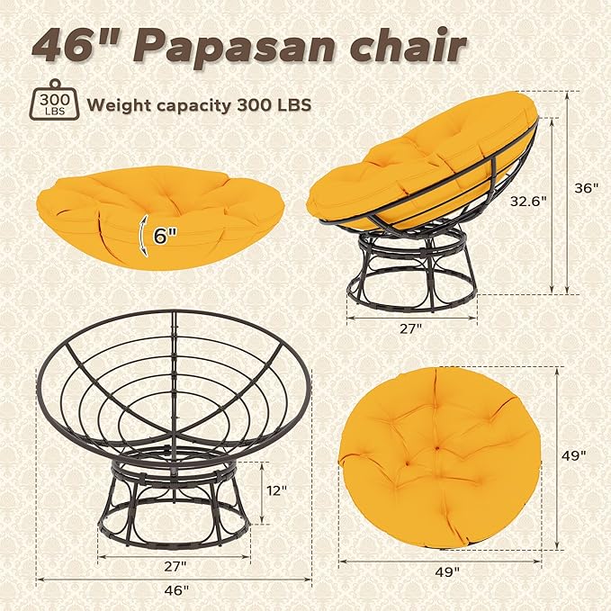 46'' Large Size Papasan Chair (Non-Swivel) with Cushion and Frame Overstuffed Thickened Lazy Chair Mustard Yellow